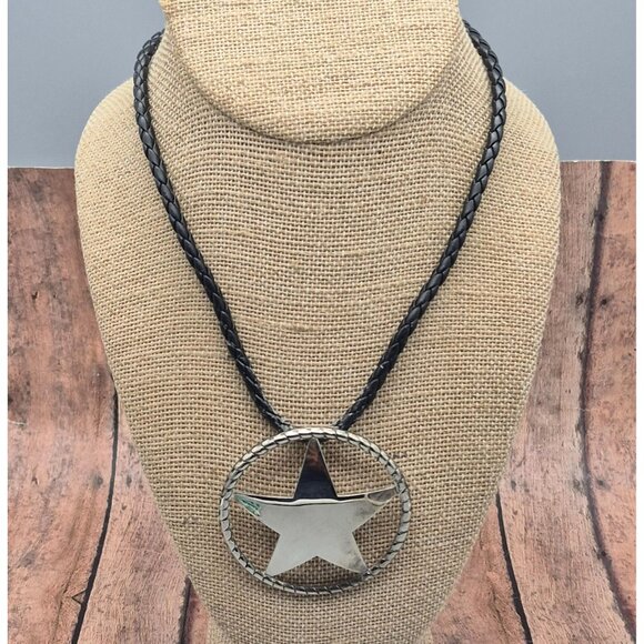 Western Texas Star Brooch Pin Pendant on a Black Faux Cord Collar Necklace 18" - Picture 6 of 11